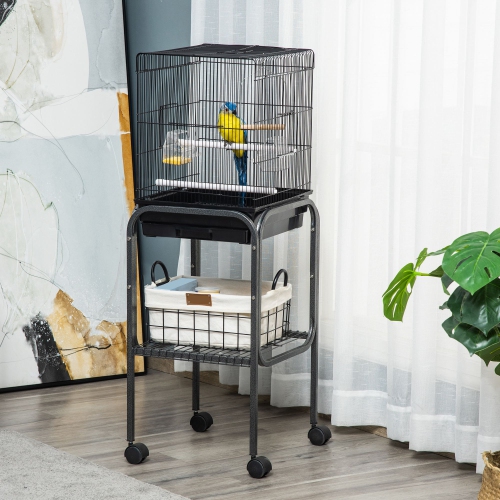 PawHut 44.5" Bird Cage for Finches, Canaries Budgies, Parrot Cage with Accessories, Wheels, Detachable Stand, Storage, Black