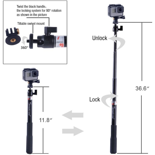 Smatree Selfie Stick with Tripod Stand for GoPro Hero Fusion7/6/5/4/3+/3/2/1/Session/GOPRO HERO 2018/Action Cameras,Ricoh Theta S/V, Compact Cameras