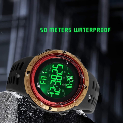 Fanmis Mens Digital LED Sports Watch Military Multifunction 12H/24H Gold Red