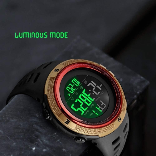 Fanmis Mens Digital LED Sports Watch Military Multifunction 12H/24H Gold Red