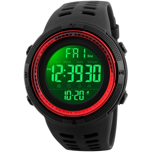 Fanmis Mens Digital LED Sports Watch Military Multifunction 12H/24H Black Red