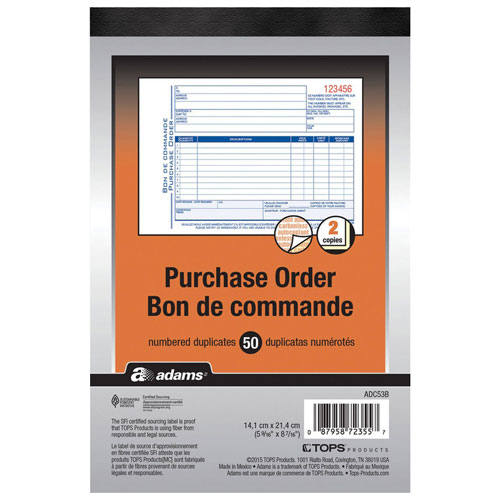 Formulaire de bon de commande Adams - 50 feuilles - 2 parties - Format 8,43 x 5,56 po