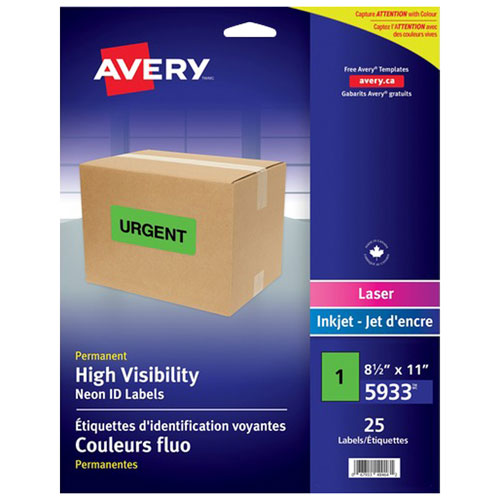 Étiquettes haute visibilité 8 1/2 x 11 po d'Avery - Paquet de 25 - Vert fluorescent