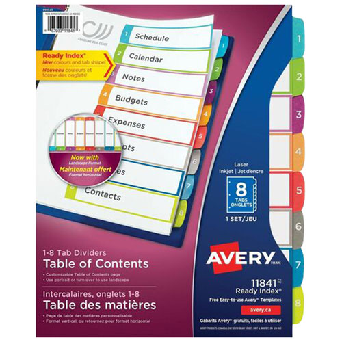 Intercalaires personnalisables Ready Index d'Avery - 8 onglets