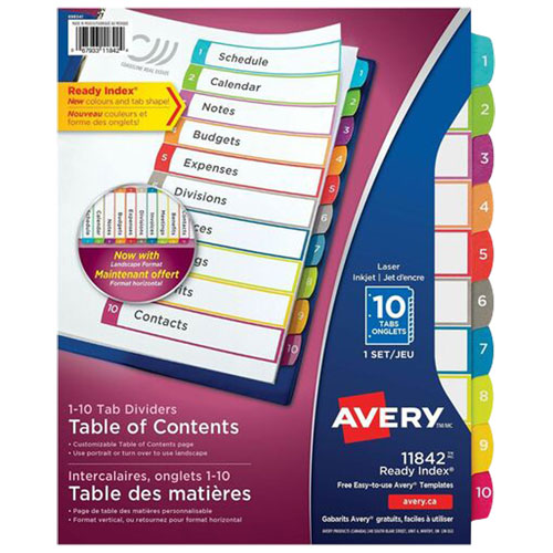 Intercalaires personnalisables Ready Index d'Avery - 10 onglets