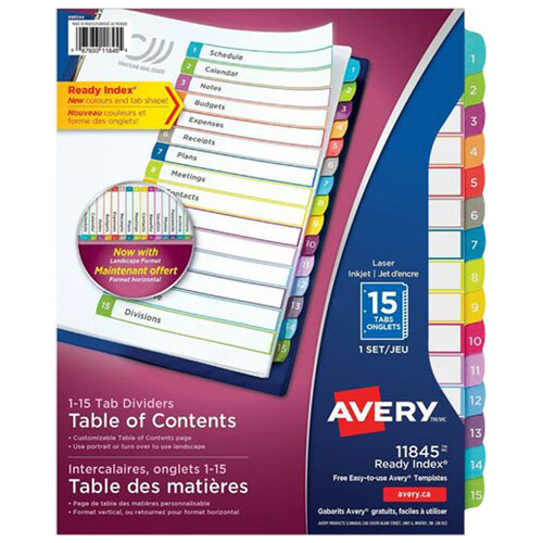 Intercalaires personnalisables Ready Index d'Avery - 15 onglets