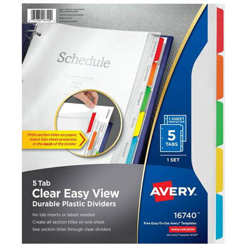 Avery Clear Easy View Durable Plastic Dividers - 5 Tabs