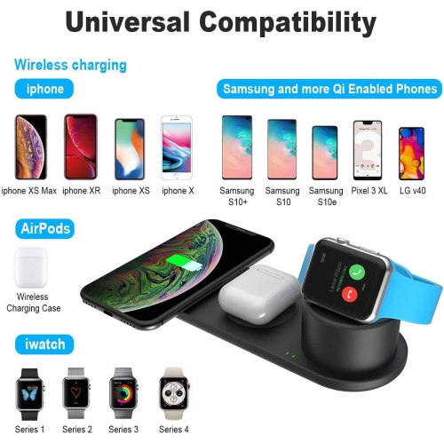 3 in 1 Wireless Charger Compatible with Apple Watch Series 6/5/4/3/2/1,New iPhone SE 2020/iPhone 11/11 Pro/Xs/Xs Max/XR/X/Galaxy S10/Note 9 Plus Qi