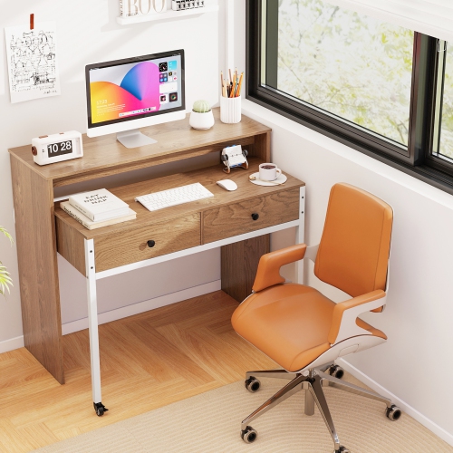 Gymax Extendable Computer Desk w/ 2 Storage Drawers & Monitor Shelf