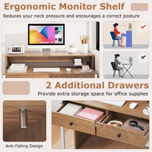 Gymax Extendable Computer Desk w/ 2 Storage Drawers & Monitor Shelf