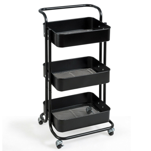 Gymax 32.5" 3-Tier Metal Rolling Storage Cart W/5 Brakes Kitchen Black