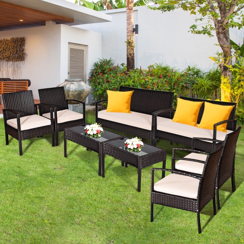 GYMAX  8PCs Patio Rattan Set Cushioned Sectional Sofa Glass Table
