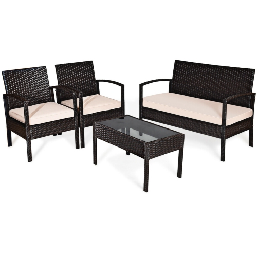 Gymax 4PCS Patio Rattan Set Cushioned Sectional Sofa Glass Table