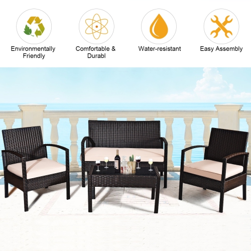 Gymax 4PCS Patio Rattan Set Cushioned Sectional Sofa Glass Table