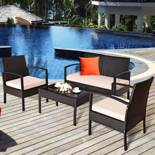 Gymax 4PCS Patio Rattan Set Cushioned Sectional Sofa Glass Table