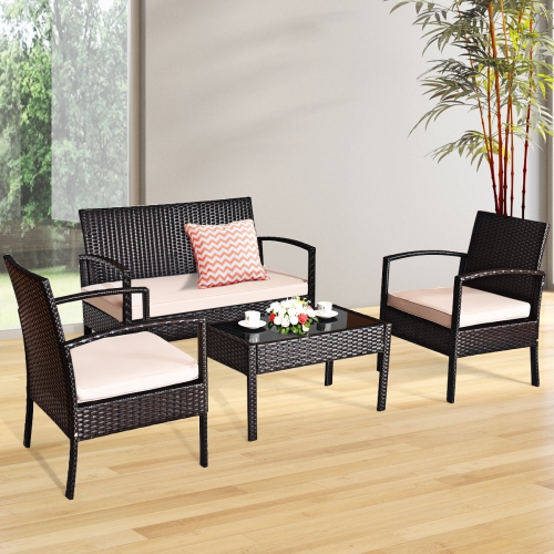 Gymax 4PCS Patio Rattan Set Cushioned Sectional Sofa Glass Table
