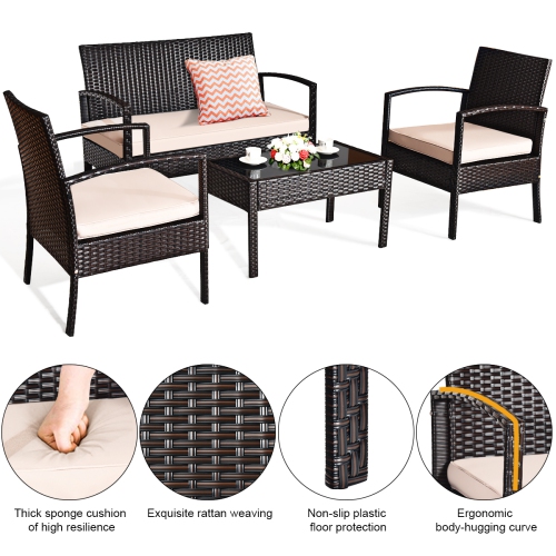 Gymax 4PCS Patio Rattan Set Cushioned Sectional Sofa Glass Table
