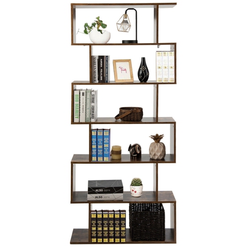 Gymax 6-Tier S-Shape Bookcase Z-Shelf Style Storage Display Rack Brown
