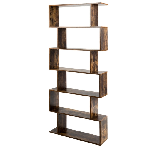 Gymax 6-Tier S-Shape Bookcase Z-Shelf Style Storage Display Rack Brown