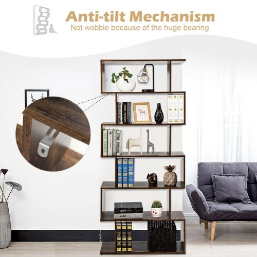 Gymax 6-Tier S-Shape Bookcase Z-Shelf Style Storage Display Rack Brown