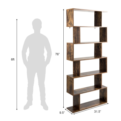 Gymax 6-Tier S-Shape Bookcase Z-Shelf Style Storage Display Rack Brown