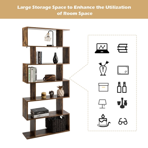 Gymax 6-Tier S-Shape Bookcase Z-Shelf Style Storage Display Rack Brown