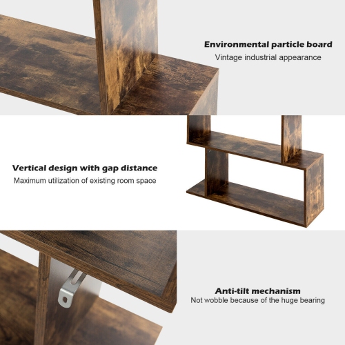 Gymax 6-Tier S-Shape Bookcase Z-Shelf Style Storage Display Rack Brown