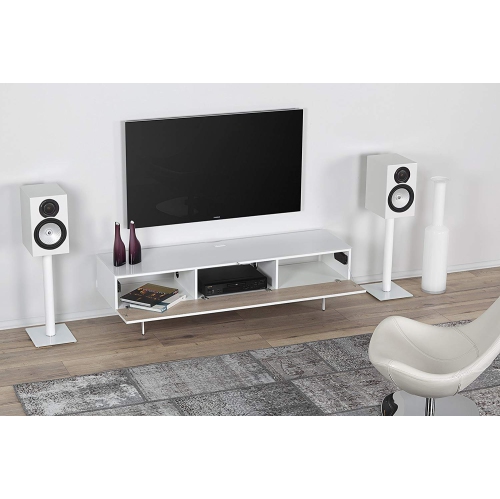 SONOROUS Studio ST-360 Wood and Glass Modern TV Stand with Spike Metal Legs for Sizes up to 75" - White
