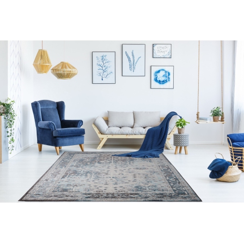 Ladole Rugs Pasific Cream Brown Blue Bordered Design Durable Indoor Area Rug Carpet, 5x7
