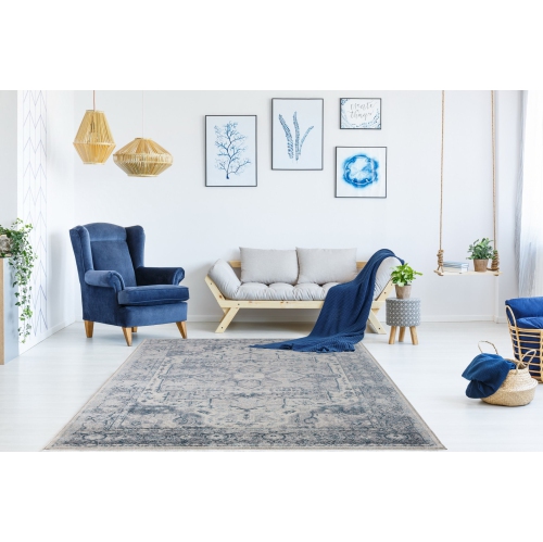 Ladole Rugs Atlantis Persian Design Bordered Style Blue and Grey Indoor Runner Rug Carpet, 3x5
