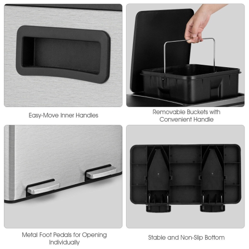 Gymax 16 Gallon Dual Step Trash Can Recycling Stainless Steel Double Bucket Pedal Bin