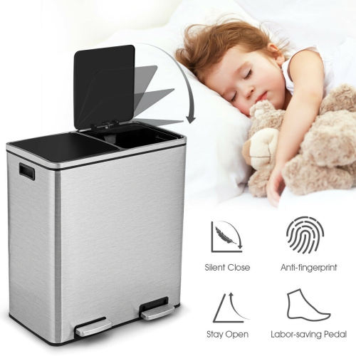 Gymax 16 Gallon Dual Step Trash Can Recycling Stainless Steel Double Bucket Pedal Bin