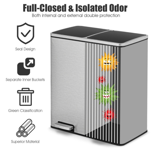 Gymax 16 Gallon Dual Step Trash Can Recycling Stainless Steel Double Bucket Pedal Bin