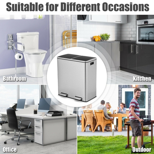 Gymax 16 Gallon Dual Step Trash Can Recycling Stainless Steel Double Bucket Pedal Bin