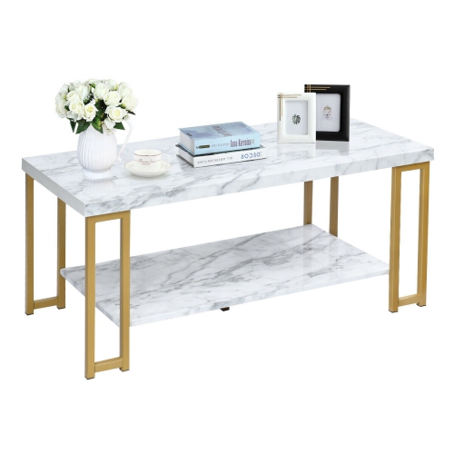 GYMAX  Modern Coffee Table Faux Marble Top Accent Cocktail Table W/ Metal Frame In Gold