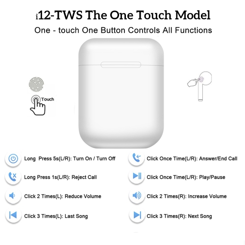 TWS i12 Bluetooth 5.0 Magnetic Fast Charging Box Mic Hifi Touch Control In-ear Truly Wireless Earbud - WHITE