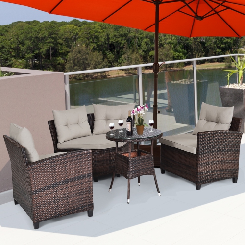 Gymax 4PCS Patio Furniture Set Outdoor Rattan Sectional w/ Cushioned Sofa Table