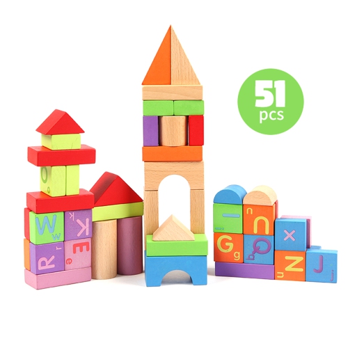 DJ Danjub Wooden Building Blocks Set | 51 PCS Colored Wooden Blocks | ABC Wooden Blocks-