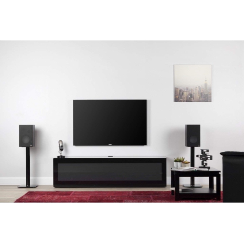 SONOROUS Studio ST-160B Wood and Glass Modern TV Stand with Hidden Wheels for Sizes up to 75" - White