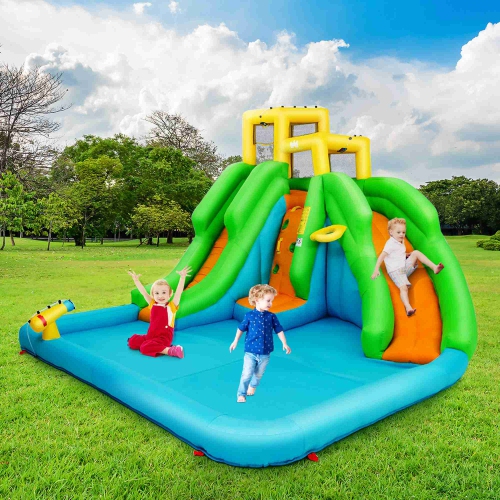 Costway Inflatable Water Park Bounce House w/Climbing Wall Two Slides and Splash Pool