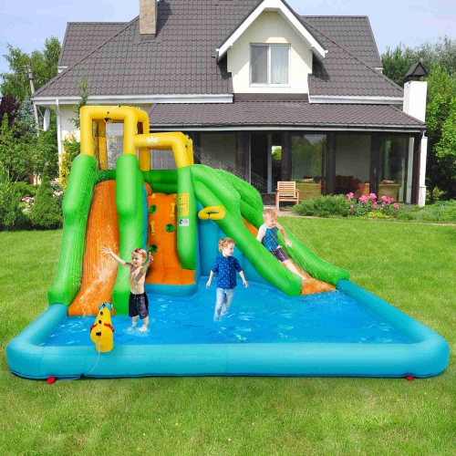 Costway Inflatable Water Park Bounce House Two-Slide Bouncer w/Climbing Wall&480W Blower