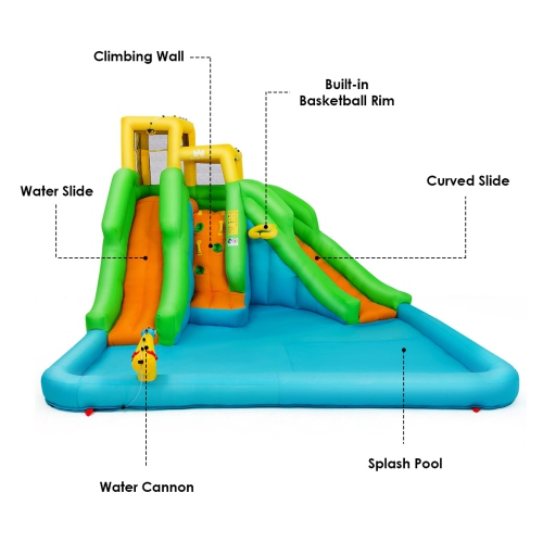 Costway Inflatable Water Park Bounce House Two-Slide Bouncer w/Climbing Wall&480W Blower