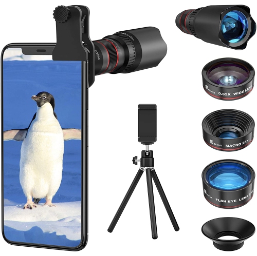 4pcs Professional Photography Phone Camera Kit includin: 22X Telephoto Lens, 235° Fisheye Lens, 0.62X Wide Angle Lens, 25X Macro Lens, for iPhone, Sa