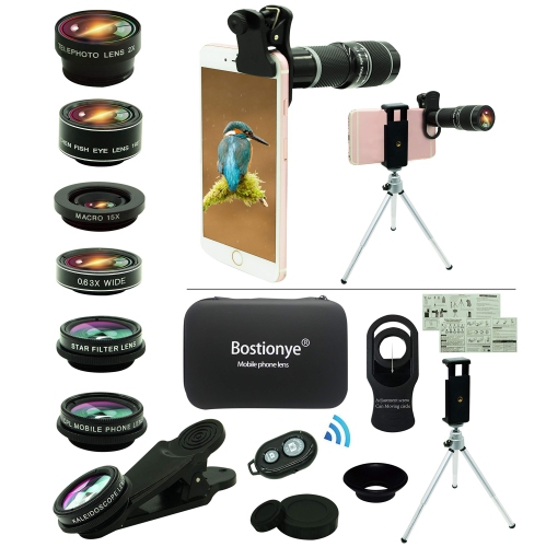 Camera Lens Kit, Universal 20x Zoom Telephoto Lens,0.63Wide Angle+15X Macro+198°Fisheye+2X & More