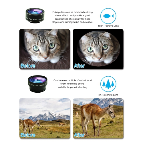 Ensemble d’objectif d’appareil photo, téléobjectif universel 20x, objectif grand-angle 0,63 mm + Macro 15X + très grand-angulaire 198° + 2x et plus