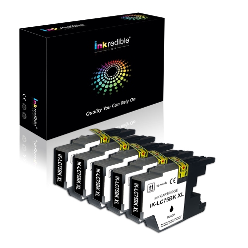 Brother LC75BK Compatible Black Ink Cartridge High Yield - Inkredible Ink™ - 5/Pack
