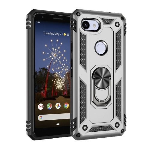 Étui rigide magnétique hybride anti-chute avec porte-anneau pour Pixel 3a, argent