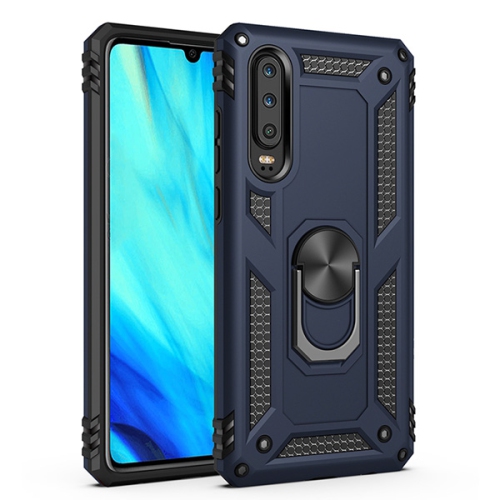 Étui rigide magnétique hybride anti-chute avec support pour anneau pour Huawei P30, bleu marine