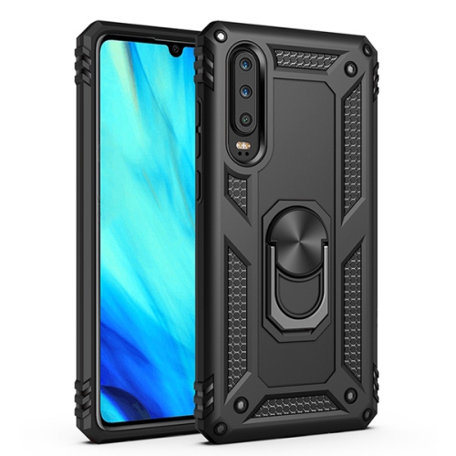 Étui rigide magnétique hybride anti-chute avec support pour anneau pour Huawei P30, noir