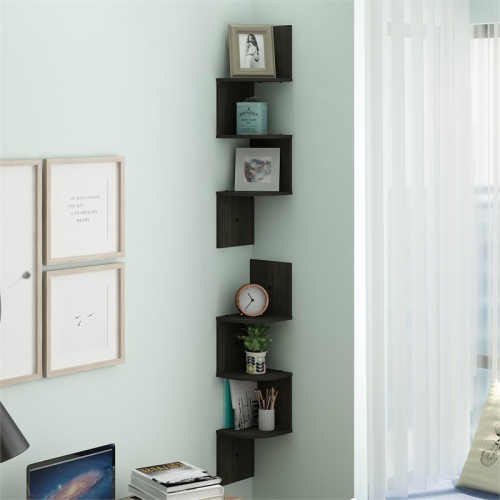 Furinno Rossi Wood Wall Mount Floating Corner Radial Shelf in Espresso(Set of 2)